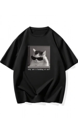 Baskılı Oversize Bisiklet Yaka T-shirt - Siyah