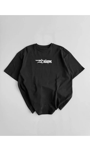 Baskılı Oversize Bisiklet Yaka T-shirt - Siyah