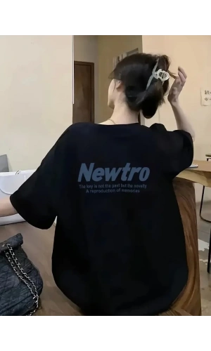 Baskılı Oversize Bisiklet Yaka T-shirt - Siyah