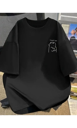 Baskılı Oversize Bisiklet Yaka T-shirt - Siyah