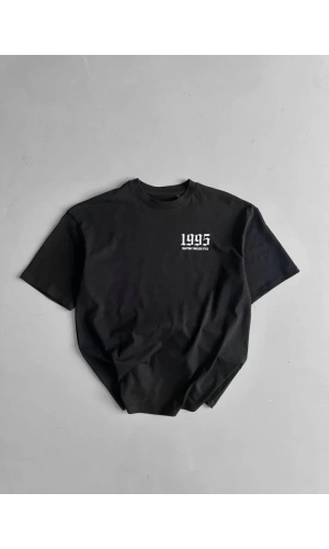 Baskılı Oversize Bisiklet Yaka T-shirt - Siyah