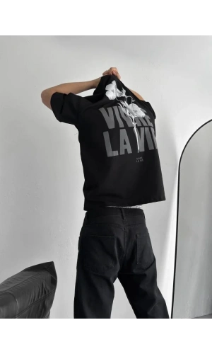 Baskılı Oversize Bisiklet Yaka T-shirt - Siyah