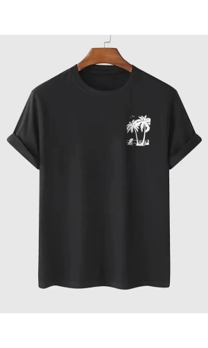 Baskılı Oversize Bisiklet Yaka T-shirt - Siyah