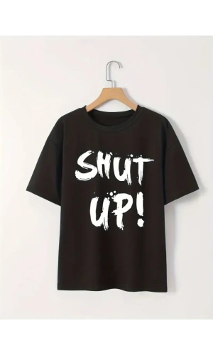 Baskılı Oversize Bisiklet Yaka T-shirt - Siyah