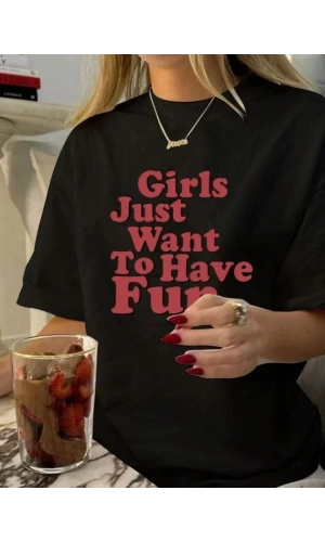 Baskılı Oversize T-shirt - Siyah