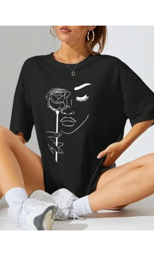 Baskılı Oversize T-shirt - Siyah