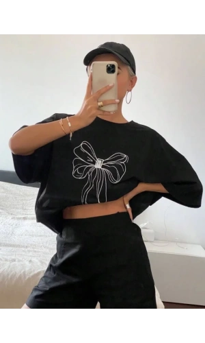 Baskılı Oversize T-shirt - Siyah