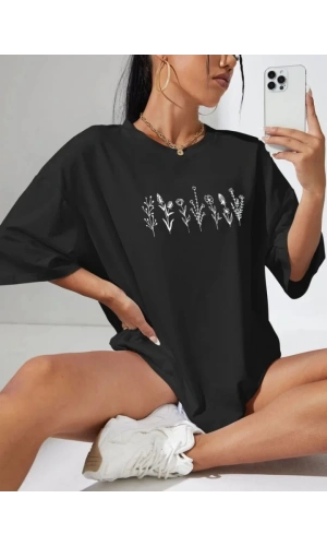 Baskılı Oversize T-shirt - Siyah