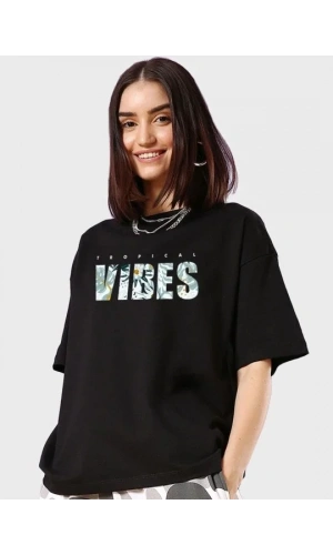 Baskılı Oversize T-shirt - Siyah