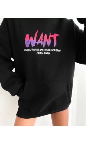 Baskılı Üç İplik Kapüşonlu Oversize Sweatshirt - Siyah