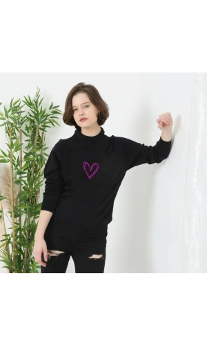 Baskılı Uzun Kol Bisiklet Yaka Dokuma Triko - Siyah