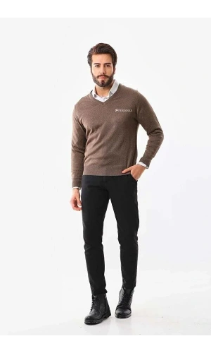 Baskılı V Yaka Uzun Kol Dokuma Triko - Kahve