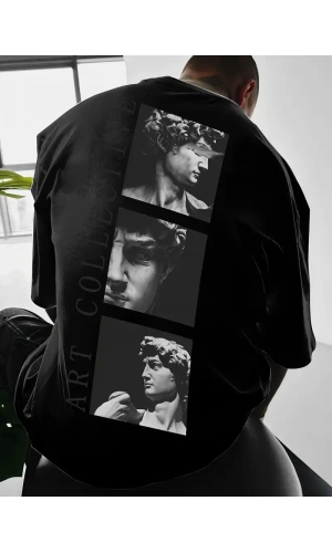 Benzersiz Sırt Baskılı Erkek Sokak Stili Bol Tişört - Nefes Alabilir Polyester, Makinede Yıkanabilir - Siyah