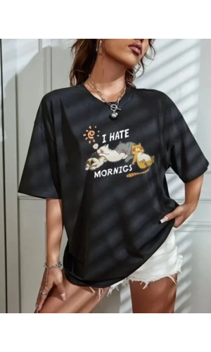 Bisiklet Yaka Baskılı Oversize T-Shirt - Siyah