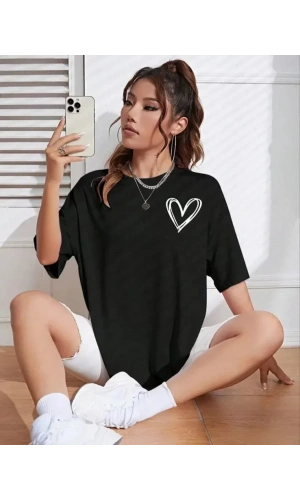 Bisiklet Yaka Baskılı Oversize T-Shirt - Siyah