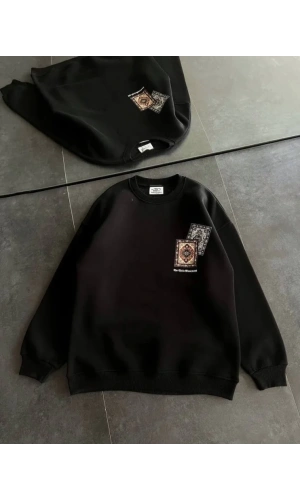 Bisiklet Yaka Baskılı SweatShirt - Siyah