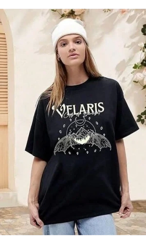 Bisiklet Yaka Baskılı T-shirt - Siyah