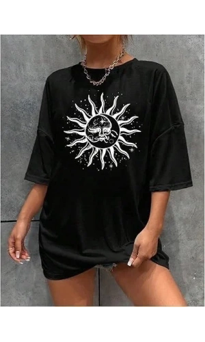 Bisiklet Yaka Baskılı T-shirt - Siyah