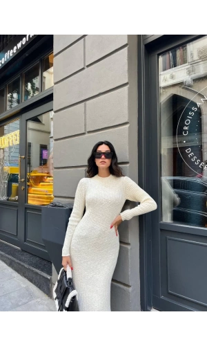 Bisiklet Yaka Fitilli Uzun Elbise - Beyaz