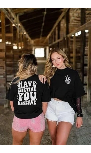 Bisiklet Yaka Kısa Kol Baskılı T-shirt - Siyah