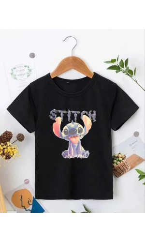 Bisiklet Yaka Kısa Kol Çocuk Baskılı T-Shirt - Siyah