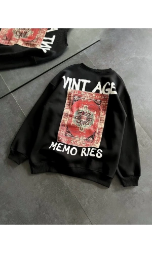 Bisiklet Yaka Üç İplik Baskılı Oversize SweatShirt - Siyah