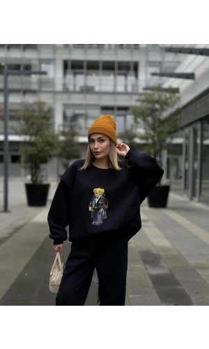 Bisiklet Yaka Üç İplik Sweat Takım - Siyah