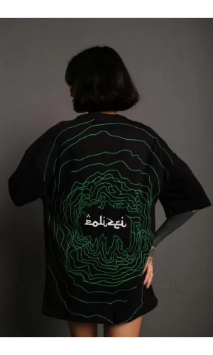 Bisiklet Yakalı Sırt Baskılı Oversize T-Shirt - Siyah