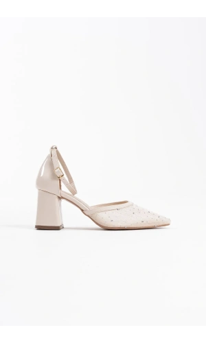 Borie Bej Tekstil Kumaş Taşlı Kadın Topuklu Ayakkabı