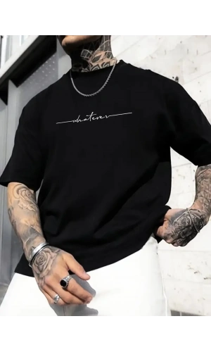 Büyük Beden Erkek Whatever Baskılı Tişört, Oversize Erkekler İçin Yaz Modası Kısa Kollu Tişörtler - Siyah