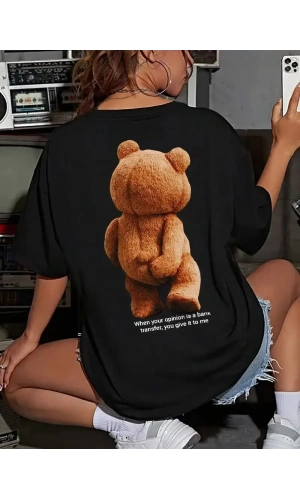 Büyük Boy Ayıcık Baskılı Bisiklet Yaka T-Shirt, İlkbahar & Yaz İçin Rahat Kısa Kollu T-Shirt, Kadın Giyim - Siyah