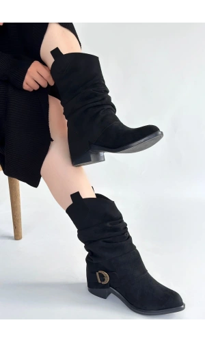 Canty Siyah Süet Körüklü Topuklu Çizme