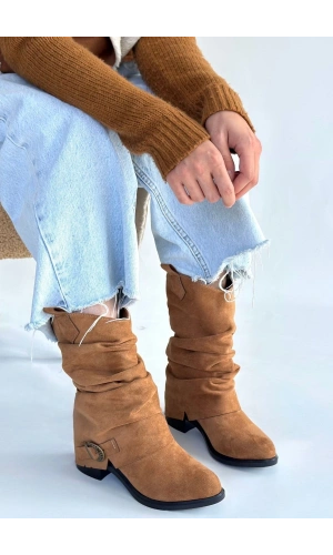 Canty Taba Süet Körüklü Topuklu Çizme