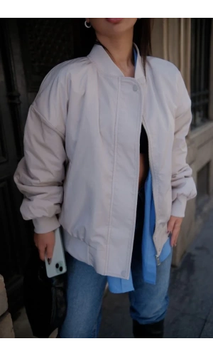Cepli Bomber Ceket Mont - Beyaz