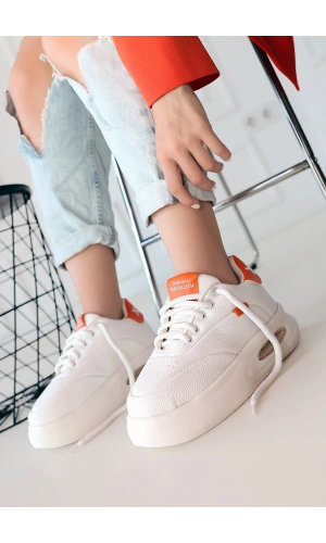 Chris Beyaz Cilt Turuncu Detaylı Bağcıklı Spor Ayakkabı