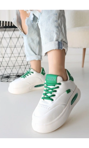 Chris Beyaz Cilt Yeşil Detaylı Bağcıklı Spor Ayakkabı