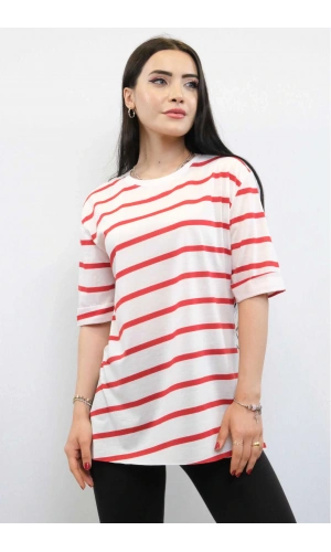 Çizgili Penye Tshirt Kırmızı