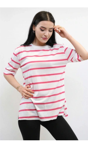 Çizgili Penye Tshirt Pembe