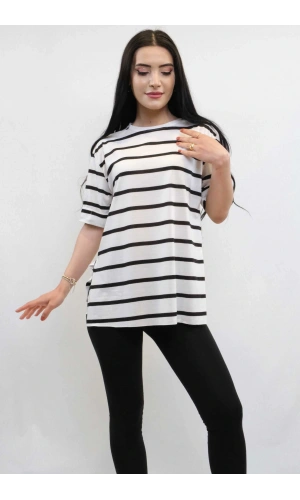 Çizgili Penye Tshirt Siyah