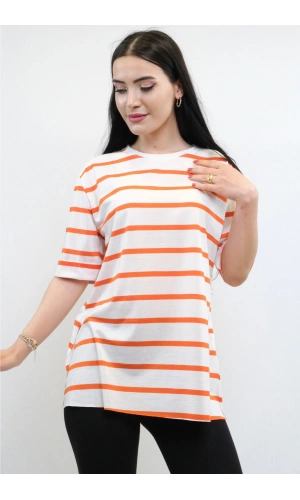 Çizgili Penye Tshirt Turuncu