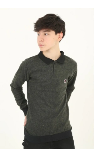 Çocuk Selanik Yaka Nakışlı Kazak - Haki