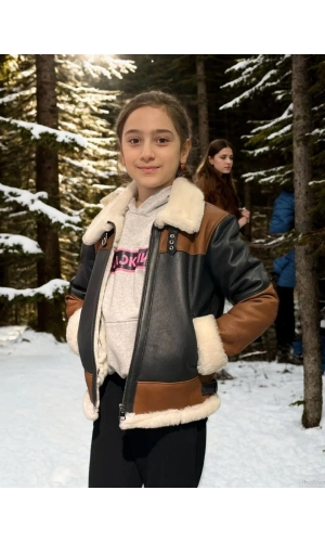 Çocuk Yakalı Parçalı Kürk - Kahve