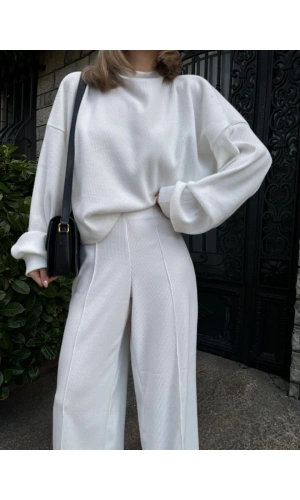 Crop, Pantolon Fitilli İkili Takım -Beyaz