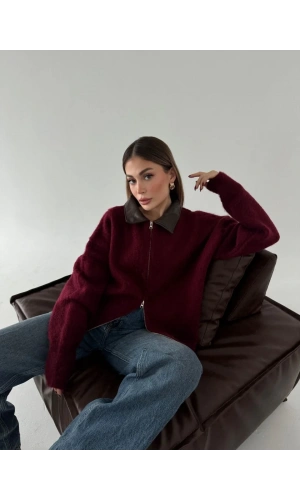 Deri Yakalı Pamuk dokulu Çift Taraflı Çalışan Fermuar Ceket - Bordo