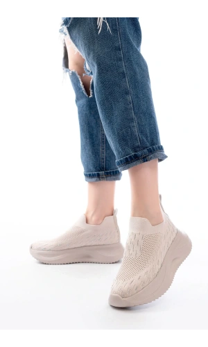 DM-707  Bej Fileli Faillant Taban Taş Aksesuarlı Günlük Spor Ayakkabı