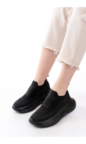 DM-707  Siyah Fileli Faillant Taban Taş Aksesuarlı Günlük Spor Ayakkabı