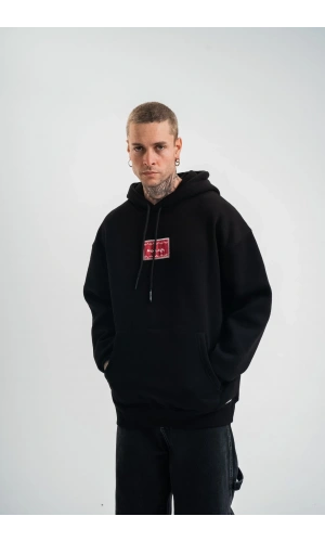 Double Oversize Kapşonlu Dijital Patchli SweatShirt - Siyah