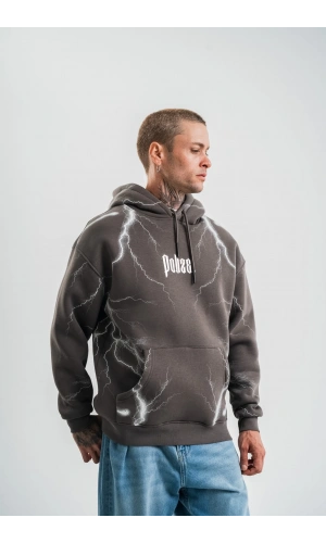 Double Oversize Kapşonlu Şimşek Pano Baskılı SweatShirt - Füme