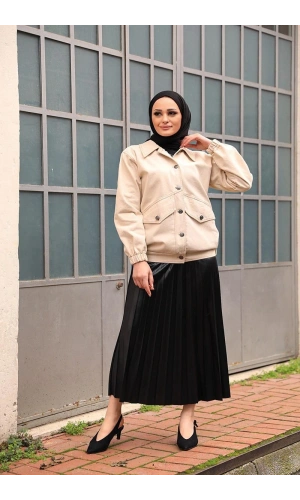Düğmeli Kot Ceket Bej