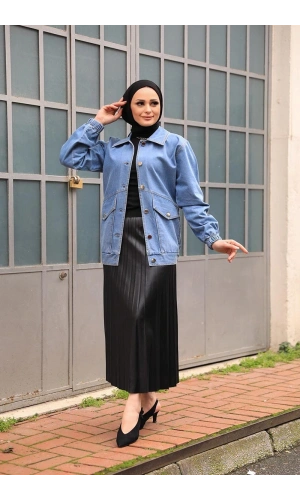 Düğmeli Kot Ceket Mavi